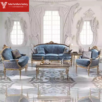 Ensemble de canapés sectionnels de style européen 1+2+3 places en tissu bleu, avec structure en bois antique, pour salon de villa, avec rembourrage en éponge