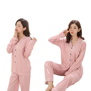 Long Sleeves Striped Loungewear Set Home Sleepwear Top And Elastic Waist Pants Button Down Pink Pajama Set Women M-XXL