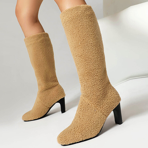 Big Size 44 Women's Fur <b>Knee</b> <b>High</b> Boots Ladies Mid Chunky Heels Winter Shoes Square Toe On Long Booties - Product Image 1