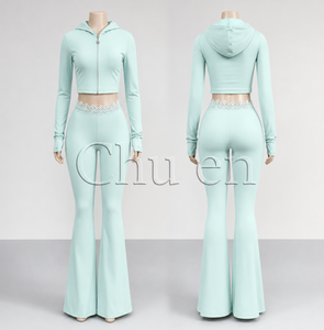 Ensemble 2 pièces Y2K pour femme 2026 : Veste à capuche zippée et pantalon de yoga évasé, style streetwear avec logo en strass - Product Image 2
