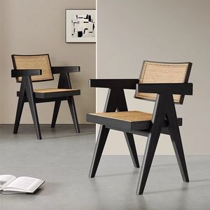 Chaise de salle à manger contemporaine en bois massif et rotin tressé avec structure en bois, style japonais Wabi-Sabi et américain, pour usage domestique - Product Image 3