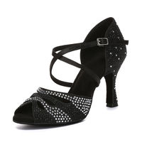 Chaussures de danse latine confortables pour femmes en satin et strass, à talon haut, pour la danse de salon, la salsa et les équipes de danse, à bout ouvert et à brides croisées