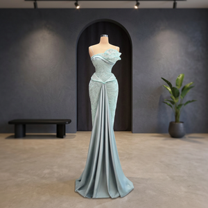 Glamorous Straight Satin Eco Friendly Anti Wrinkle Anti Static Vintage Beaded Maxi Evening Dress High Neckline Lace Pattern - Product Image 2