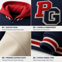 Veste universitaire à capuche personnalisée pour homme, bleu marine, manches en cuir PU crème, patch en chenille, boutons pression, veste de baseball style Letterman
