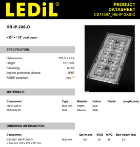 Assemblages de lentilles LED ovales Ledils CS14597_HB-IP-2X6-O ~30 115 en PMMA avec matrice de lentilles rectangulaire pour éclairage LED - Product Image 2