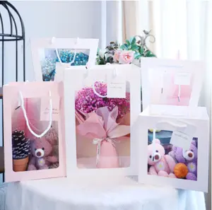 Kotak Hadiah Persegi Transparan Kemasan Bunga Segar Pesta Ulang Tahun Pernikahan Tas Merah Muda Putih dengan Jendela