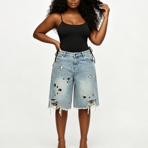 Shorts en jean camouflage taille <span class=keywords><strong>mi</strong></span>-haute pour <span class=keywords><strong>femme</strong></span>, longueur genou, effet vieilli, avec œillets et franges, <span class=keywords><strong>coupe</strong></span> large, style streetwear, marque privée Sehe Fashion - Product Image 3