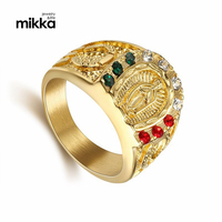 Bague pour homme en acier plaqué or, ornée de diamants, motif Vierge Marie catholique, colorée