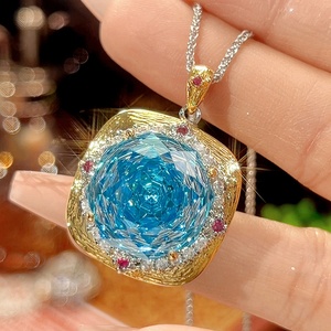 Fashion Eco-friendly Copper Rose Cut 18-14mm Sea Blue Cubic Zirconia Jewelry Set <b>Delicate</b> Pendant Earrings Ring Set for Women - Product Image 5