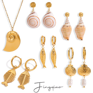 Yueli Shell Fish Pearl <b>Earrings</b> Necklace Set Gold Women's Fashion Jewelry Nautical Theme - Product Image 1