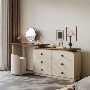 Tavolo da <span class=keywords><strong>Toeletta</strong></span> Vintage in Legno Massello Color Crema, Cassettiera Moderna Semplice Color Noce, Tavolo da <span class=keywords><strong>Trucco</strong></span> con Cassetti per Camera da Letto - Product Image 2