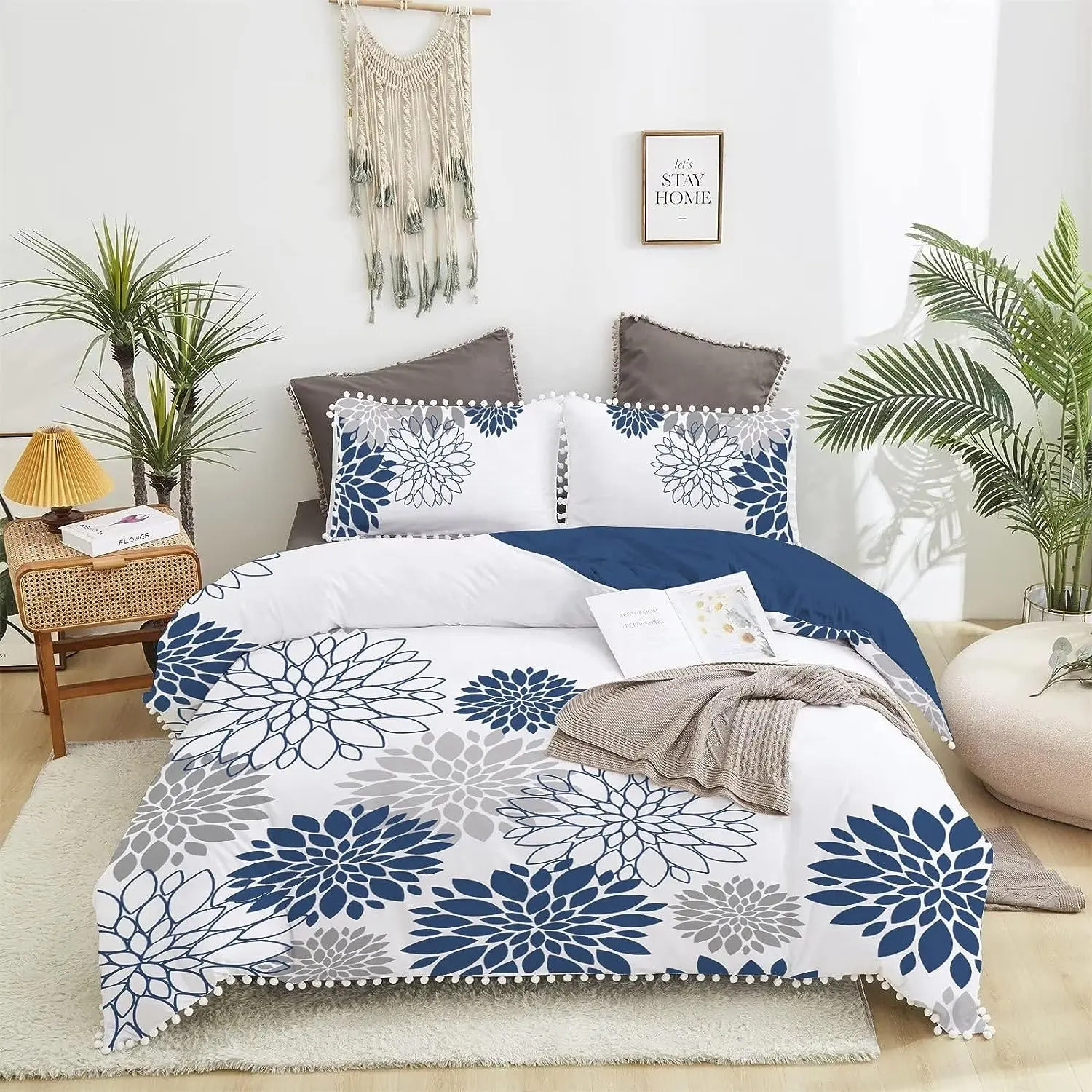 ALPHA TEXTILE Boho Pom pinggiran selimut penutup Set ukuran Queen, biru Dahlia Bunga Duvet Cover Set lembut dicuci Microfiber