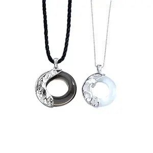 Obsidian cat's eye stone circle jade pendant couple necklace sterling silver 925 man woman gemstone necklace