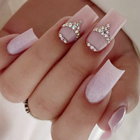 24 Uñas Postizas Cuadradas Estilo Ataúd con Purpurina y Mini Diamantes de Imitación, Venta al por Mayor, Uñas Postizas Reutilizables Estilo Francés