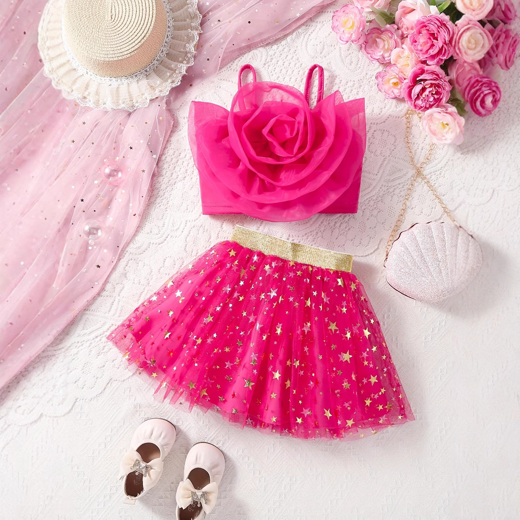 Little Girl 4-7Y Summer Clothes Set Rose Flower Vest Lace Skirt Two Piece Cool Clothing Set