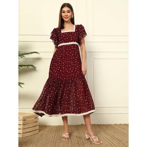Floral Print Woven Georgette Tiered Casual <b>Dress</b> for Women's Square Neck Frilled Sleeves Fit & Flared Ankle Length Pockets - Product Image 5