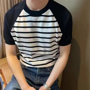 เสื้อยืดแขนสั้นลายทางสำหรับผู้ชาย สีดำและสีน้ำตาล M L XL 2XL 3XL คอกลม ทรงหลวม ใส่สบาย - Product Image 1