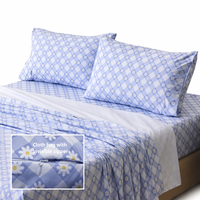 Parure de draps en microfibre 4 pièces à motif carreaux bleus et marguerites, comprenant drap-housse, drap plat et taies d'oreiller