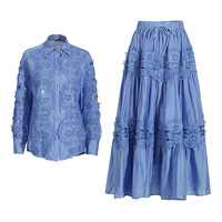 Automne personnalisé femmes français rétro creux fleur broderie dentelle revers chemises à manches longues avec cordon plissé jupe ensemble
