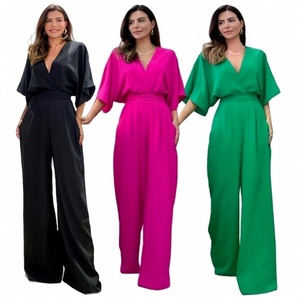 Nouvelle combinaison pour femme, unie, tendance, col en V, dos nu, pantalon large, tenue décontractée d'été - Product Image 1