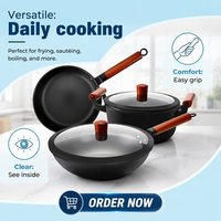 Ensemble de 5 casseroles et poêles en fer, wok, poêle à frire, marmite, manche en bois noir, ensemble de cuisine pour la maison
