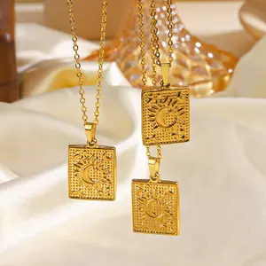 2024 Trendy Jewelry Gold Square Necklace Water Resistant Silver Rectangle Sun and Moon Necklace