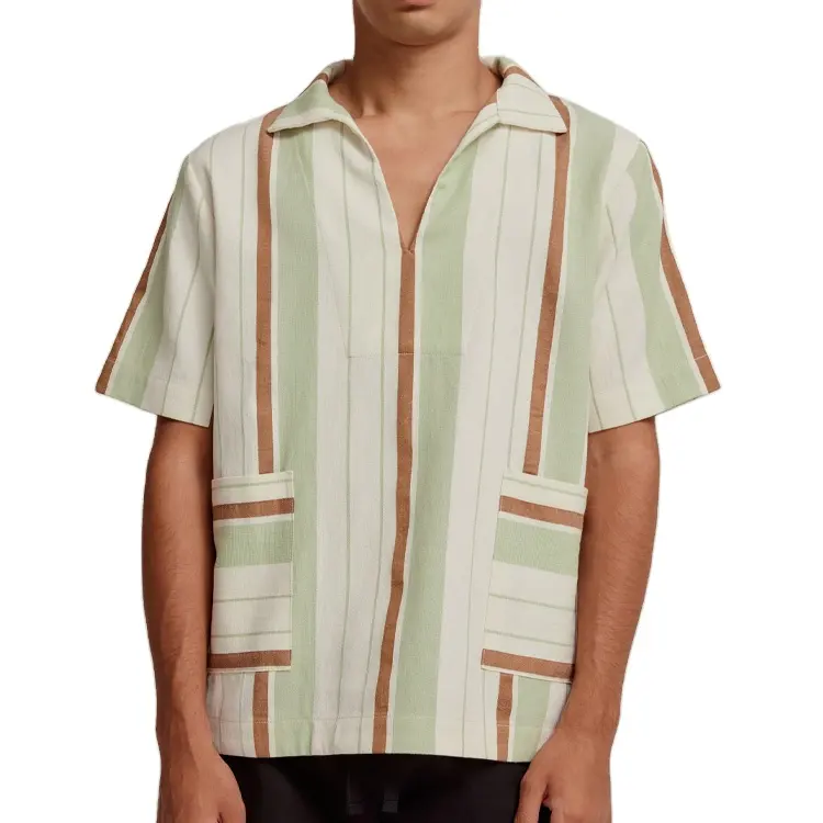 chemise pour homme Herren Kurzarm offenem Nacken Polo-Shirts aufknöpfe gestreiftes kubanisches Hemd Campinghemd individuell Herren