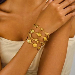 Pulsera de Acero Inoxidable con Diseño de Delfín, Estrella de Mar y Concha para Mujer, Cadena de Mano, Tobillera de Verano para Playa, Joyería Metálica - Product Image 1