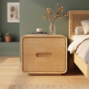 Mesa de Noche de Madera de Teca Estilo Japandi con Cajones Dobles sin Tiradores y Esquinas Redondeadas - Product Image 2