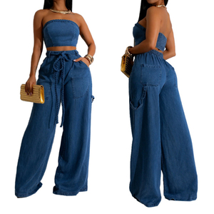 Women's Autumn-Winter Best-Selling Casual Denim Crop Top With <b>Rope</b>-Detailed Wide-Leg Pants Set Fashion - Product Image 5