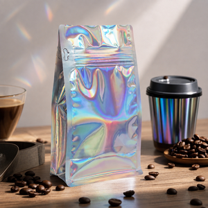 ถุงบรรจุภัณฑ์แบบมีซิปล็อคสำหรับกาแฟ  วัสดุเคลือบผิวเกรดอาหาร  ฐานแบน  ฟิล์มโฮโลแกรมเลเซอร์  ปิดผนึกแปดด้าน - Product Image 1