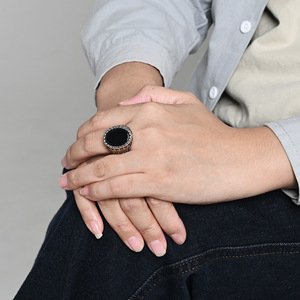 Retro Punk Black Gemstone <b>Titanium</b> Steel <b>Ring</b> For Men Two Tone Gold And Solid Gold Bezel Setting Index Finger Jewelry Gift - Product Image 2