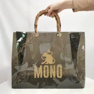 Moda personalizada pvc bolsas Tote praia saco compras mulher senhoras preto com bambu alças