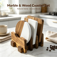 Ensemble de sous-verres en bois d'acacia marbré, ronds et carrés, résistants à la chaleur, avec support de rangement en option, pour la maison ou comme cadeau
