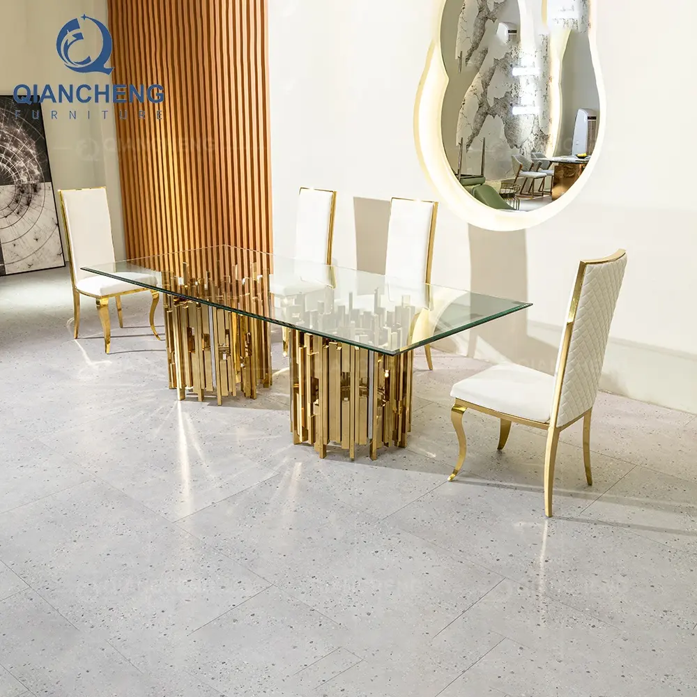 Gold und Silber Edelstahl Metall Esstisch und Stuhl Set für 4 6-Sitzer Luxus Malaysia gehärteten Glasplatte Esstisch