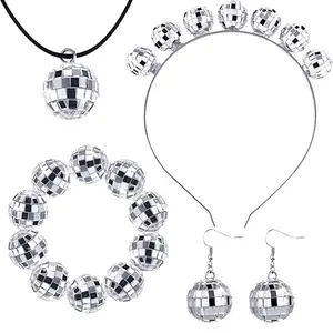 Pafu 70s mirror disco ball accessories set necklace earrings bracelet headband vintage costume party favor