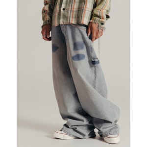 Custom Men <b>Light</b> Blue Washed Patch Wide Leg Carpenter Jeans Loose Baggy Denim Pants Vintage Streetwear <b>Trousers</b> - Product Image 3