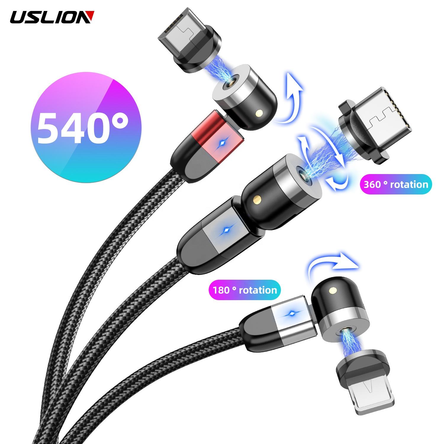 Uslion 540 Degree Rotating Usb Magnetic Cable Charger Mobile Phone 3 In 1 Usb Cable Type C Ios Micro Usb Charging Cable Magnet 
