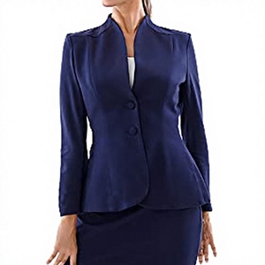 Conjunto de Dos Piezas para Mujer, Estilo De Maison, Azul Marino, Satén, Cuello Alto, Cierre de Botones, Ropa Formal de Negocios, Manga Larga, Hasta la Rodilla - Product Image 4