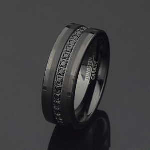 8mm <strong>Black</strong> Tungsten <strong>Ring</strong> For Men Women Engagement Promise Wedding <strong>Diamonds</strong> Band Princess Cz Stone Inlay Comfort Fit - Product Image 1