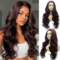 Perruque Lace Frontale pour Halloween, 24 pouces, bouclée, rouge bordeaux, nouée à la main, sans colle, transparente, dentelle 13*3, Body Wave, Cosplay