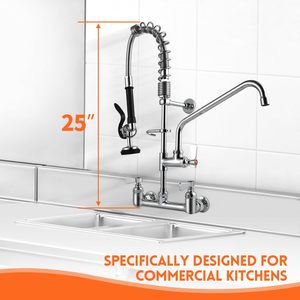 25&quot; Commercial Sink <strong>Faucet</strong> with <strong>Sprayer</strong>, 8&quot; Adjustable Center &amp; 12&quot; Add-on Swing Spout for Restaurant Industrial Kitchen - Product Image 2