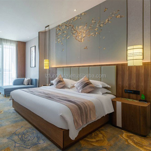 Hotel Bed Manufacturer Cheap Price Custom Size Fabric Upholstered <b>Headboard</b> Wood Platform Bed with Cotton Linen Bedding Set - Product Image 6