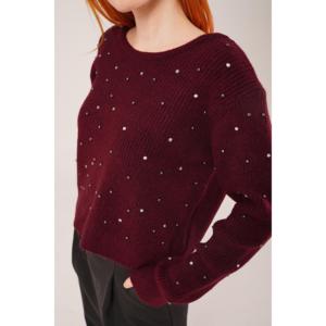 เสื้อสเวตเตอร์ผู้หญิงสีเบอร์กันดี แขนยาว ประดับด้วยหิน ดีไซน์เปิดหลัง สไตล์หรูหรา - Product Image 3
