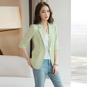 Yellow Linen Blazer For Women Short Sleeve Solid Color Spring Summer Casual Wear Slim Fit With Pocket - Product Image 3
