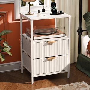 Table de chevet SENYU style farmhouse avec armoire de rangement ouverte, 2 tiroirs et station de charge, meubles de chambre à coucher - Product Image 5