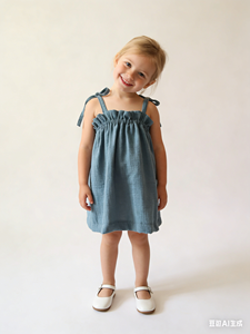 Vestito Estivo Personalizzato per Bambine in <span class=keywords><strong>Mussola</strong></span> 100% <span class=keywords><strong>Cotone</strong></span> con Bretelle e Volant sul Busto - Product Image 2