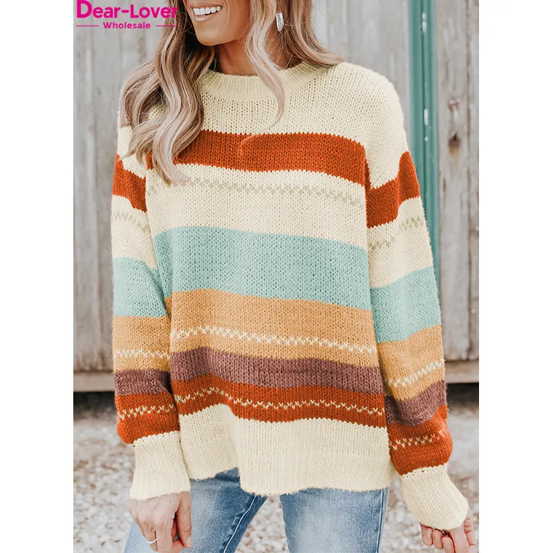 Dear-Lover Wholesale Private Label Winter Drop Shoulder Striped Color Block High Quality Sweaters Women