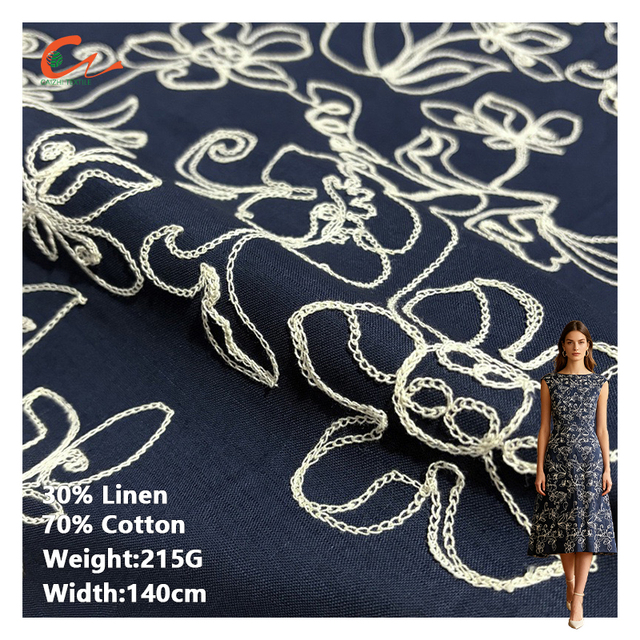 Cotton Linen Fabric With Floral Embroidery Hand  for Elegant Long Robes Luxury Evening Gowns High End Fashion Outfits
