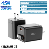 Pengisi Daya Cepat Kabel Gan Retractable IBD 45W Usb Type c Pengisi Daya Ponsel Portabel Adaptor Colokan US EU AU UK India untuk Iphone Laptop